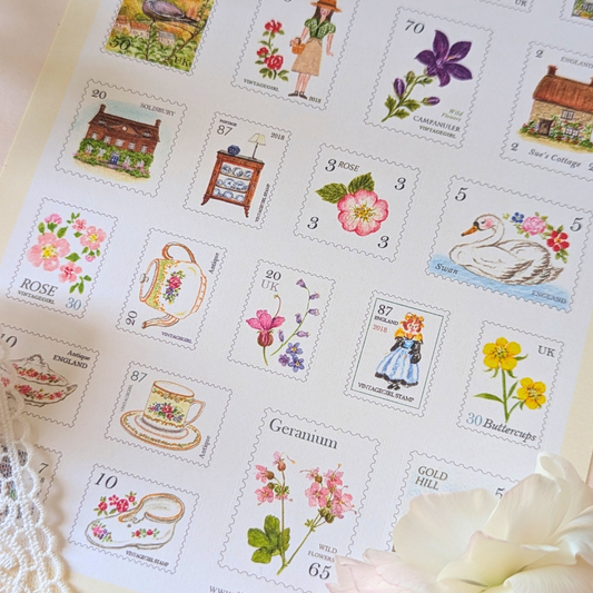 2 Planches de Stickers Timbres Vintage Girl