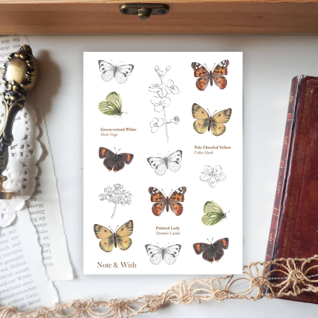 Feuille d'autocollants en papier washi Papillon et Fleurs Note & Wish