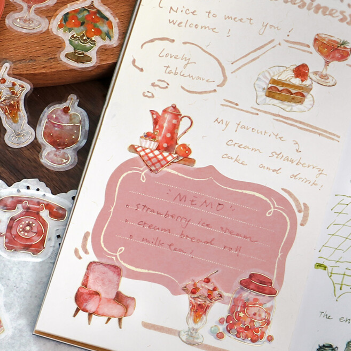 Pochette de 45 stickers sur le thème du goûter, d'un salon de thé.