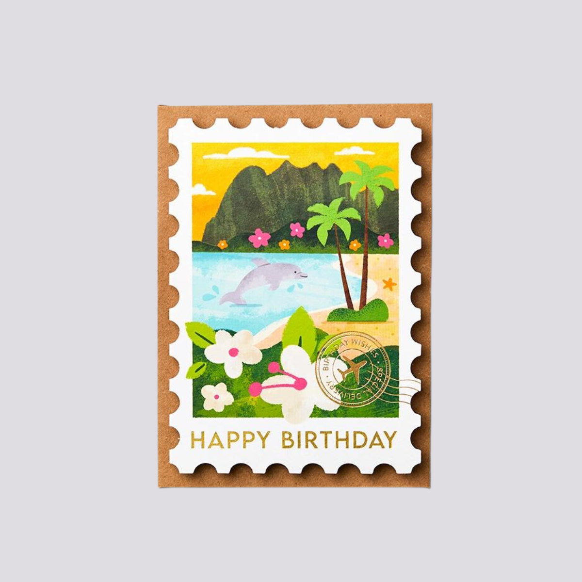 Carte d'anniversaire mettant en vedette Hawaï. Ce design élégant est découpé en forme de timbre, il est orné d'un cachet postal doré et de l'inscription Happy Birthday.