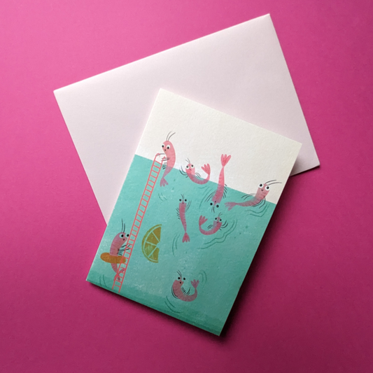 Des crevettes s'empressent de monter l'échelle pour sauter dans ce bain citronné. Carte amusante réalisée par Niaski.