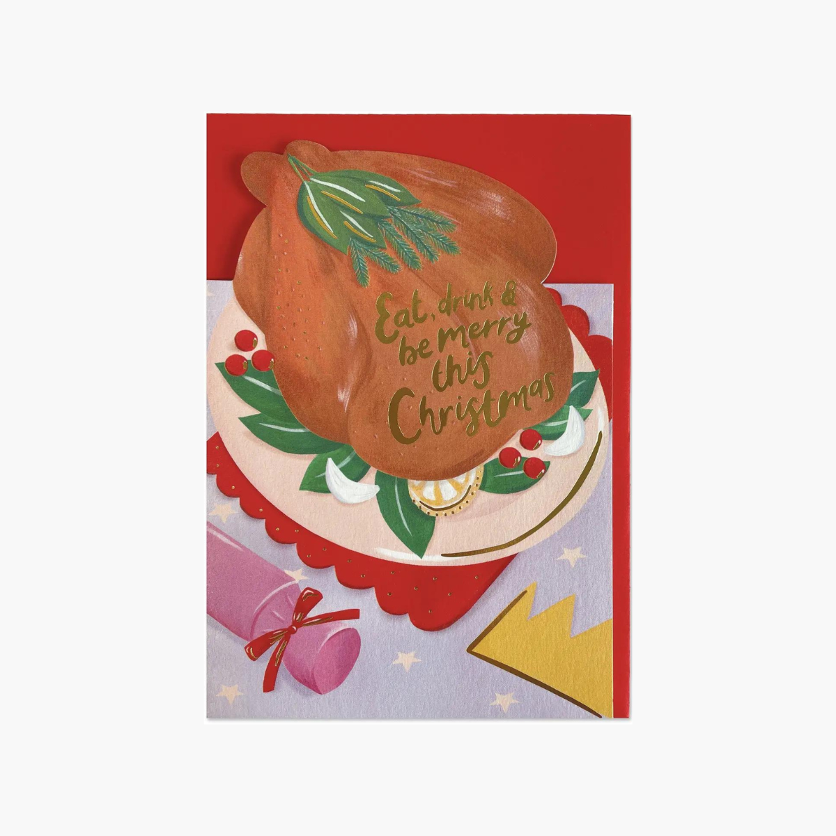Carte de Noël anglaise avec le dessin d'une dinde sur une table et une inscription à l'or chaud " eat, drink and be merry this christmas ".