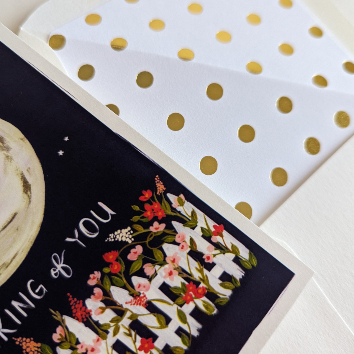 Carte réalisée par The First Snow. L'illustration d'une lune majestueuse, d'une clôture de jardin très fleurie et ces mots " thinking of you " donneront le sourire à votre destinataire. À l'intérieur de la carte vous pouvez laisser votre message.