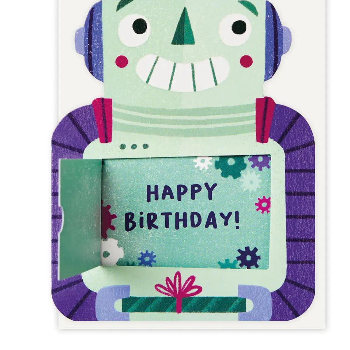 Cette carte ludique et créative présente un adorable robot en relief, dont le ventre s'ouvre pour révéler un message spécial « Happy Birthday ».