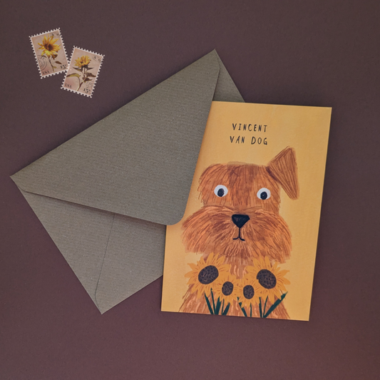 Je vous présente une carte vraiment unique ! Dans cette création, l'artiste de renommée Vincent Van Gogh se métamorphose en un adorable chien nommé « Vincent Van Dog ».