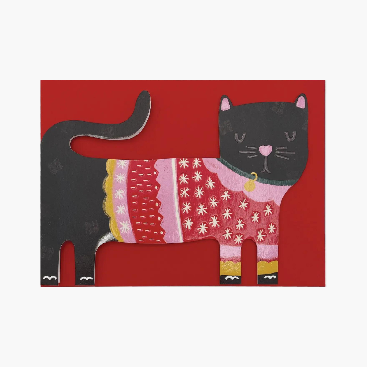 Carte en forme de chat. Il porte un pull de Noël.