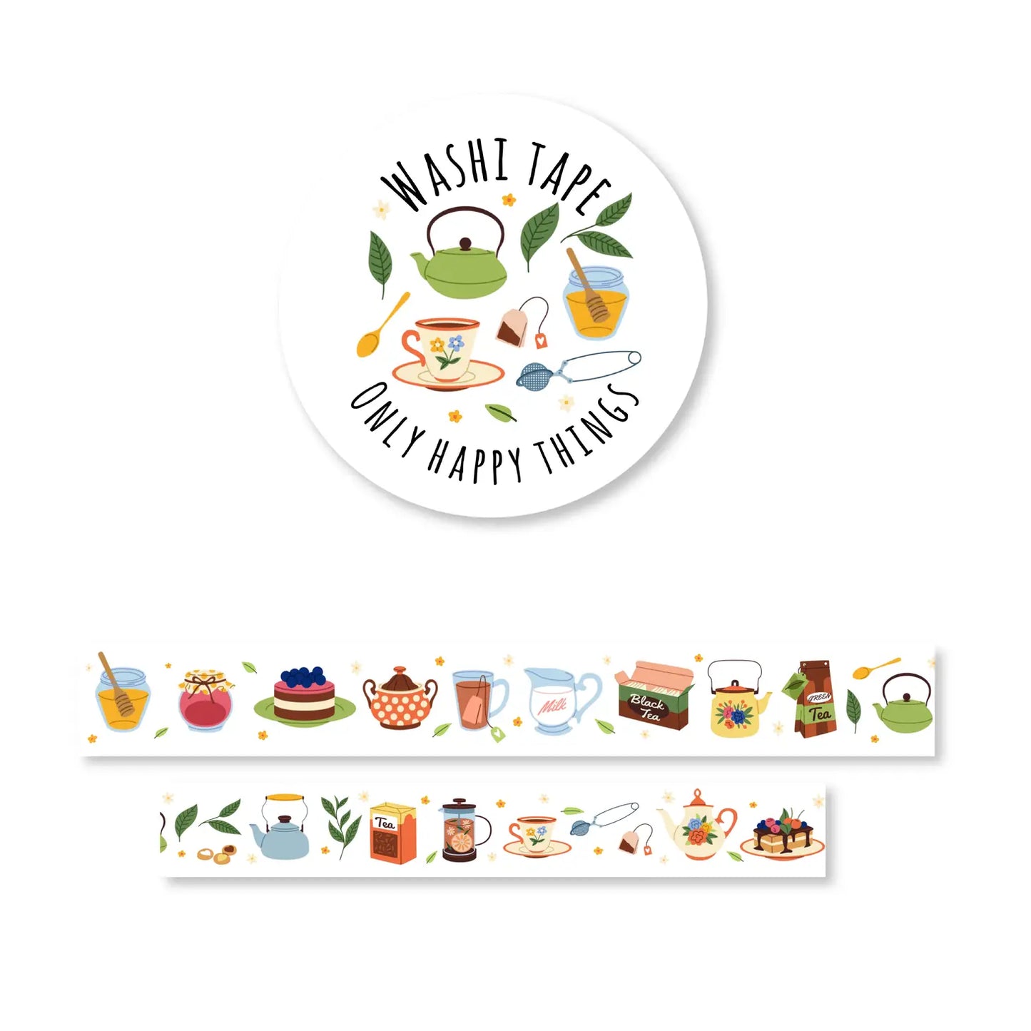Ce ruban décoratif vous transporte dans l'univers chaleureux d'un après-midi thé, avec des illustrations adorables de différentes théières, de thé noir, d’un pot de confiture, de délicieux gâteaux, etc.