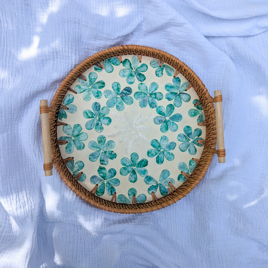 Plateau Rond en Rotin avec Nacre Incrustée