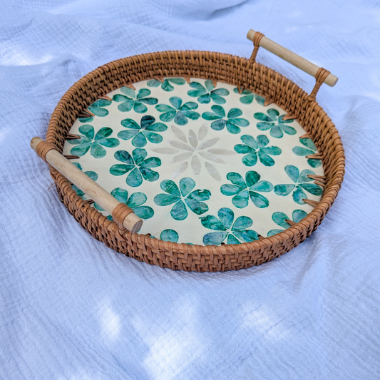 Plateau Rond en Rotin avec Nacre Incrustée