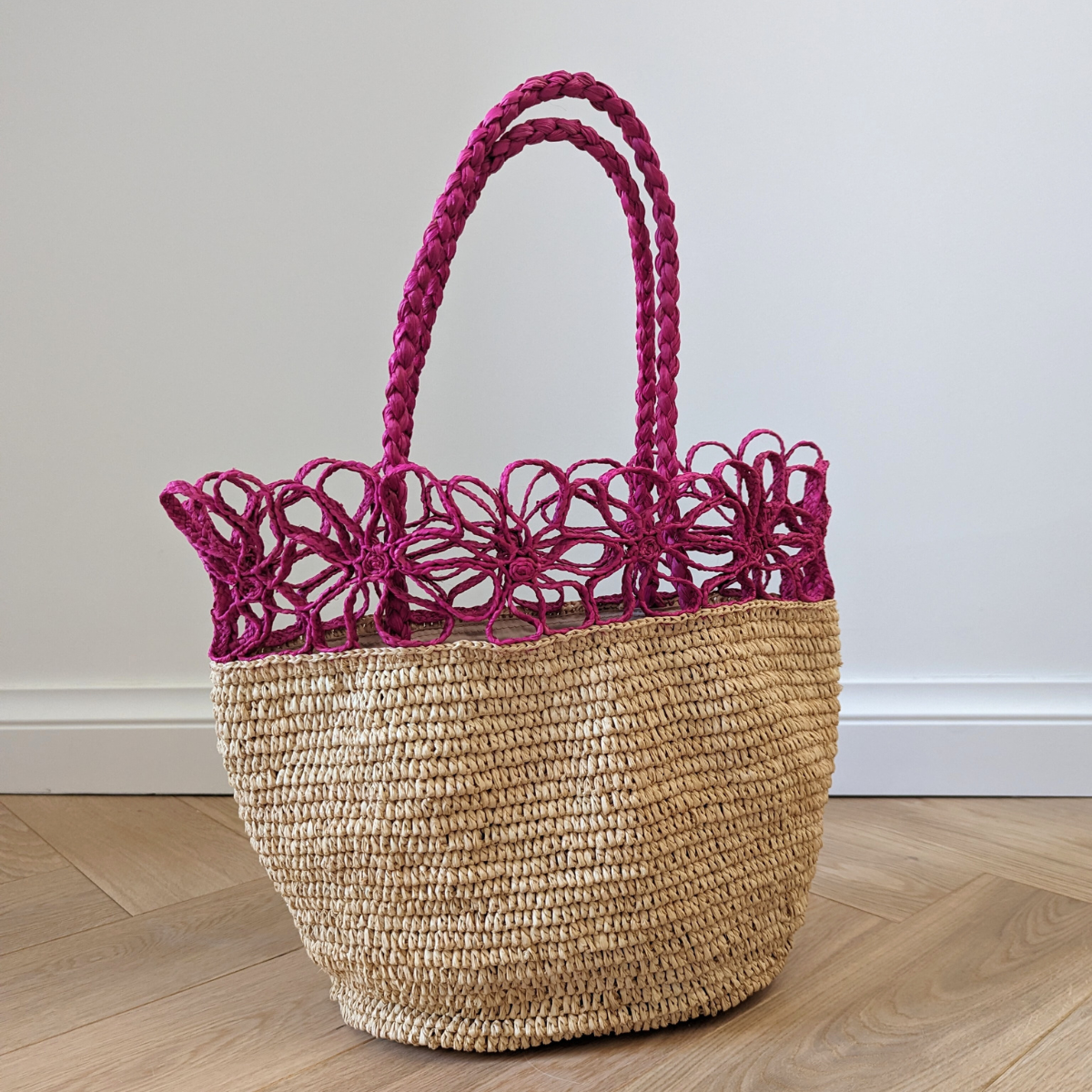Sac en Raphia Doublé Fleur Fuchsia
