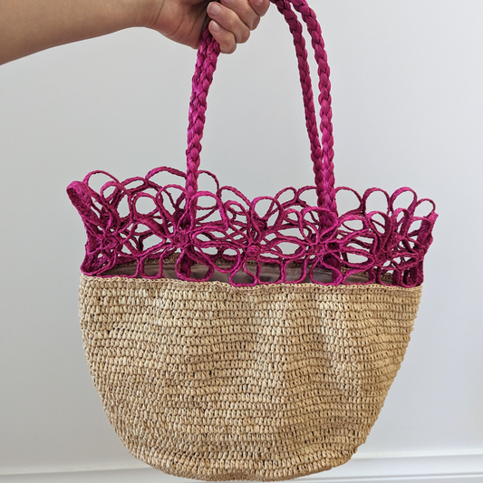 Sac en Raphia Doublé Fleur Fuchsia
