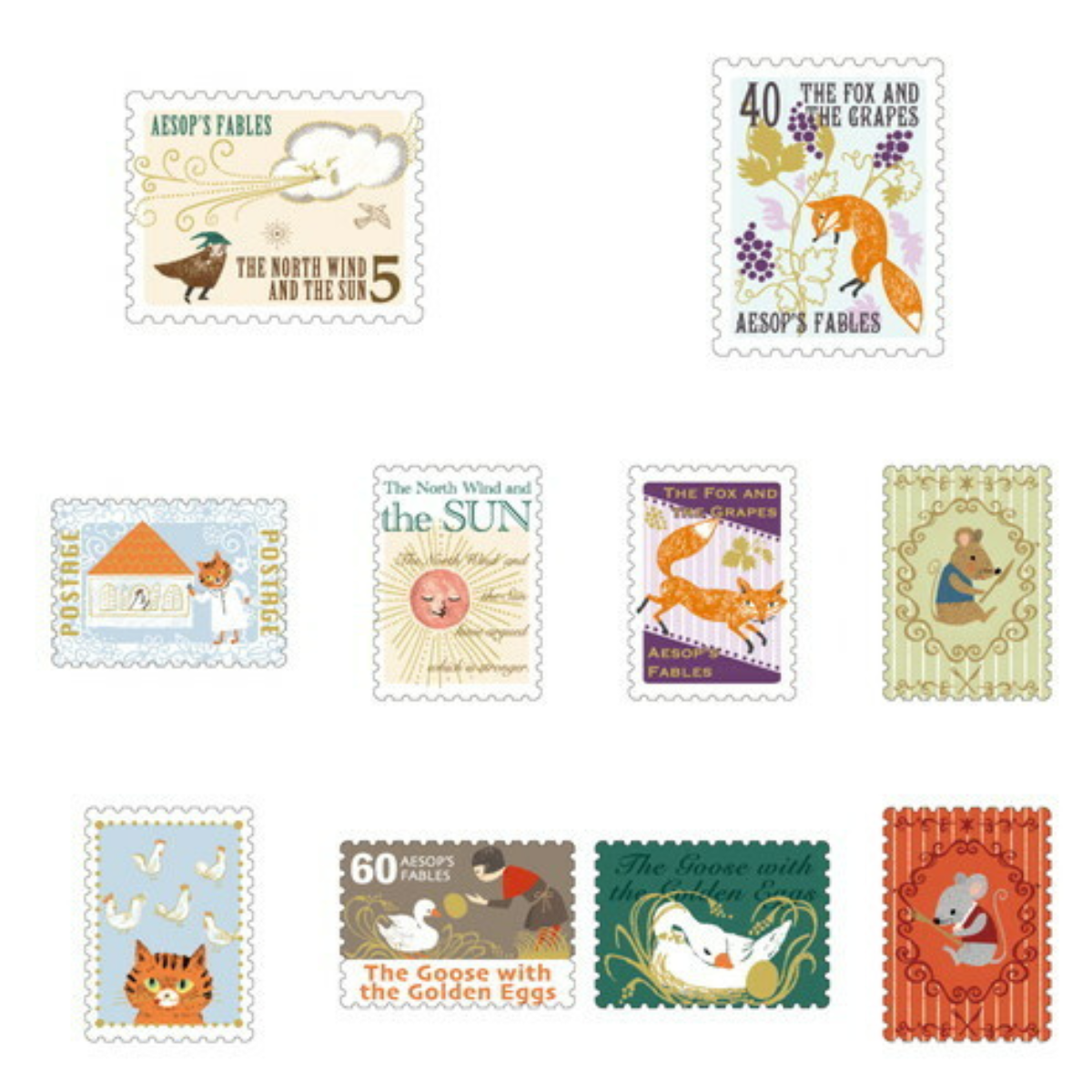 Boîte de Stickers Timbres-Poste Fables d'Ésope Tome I