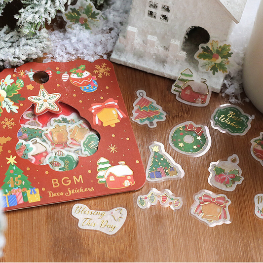 Pochette de 45 stickers sur le thème de Noël, chacun rehaussé d’or chaud. Un petit éclat sur la page d’une lettre ou d’un agenda qui illuminera votre quotidien.