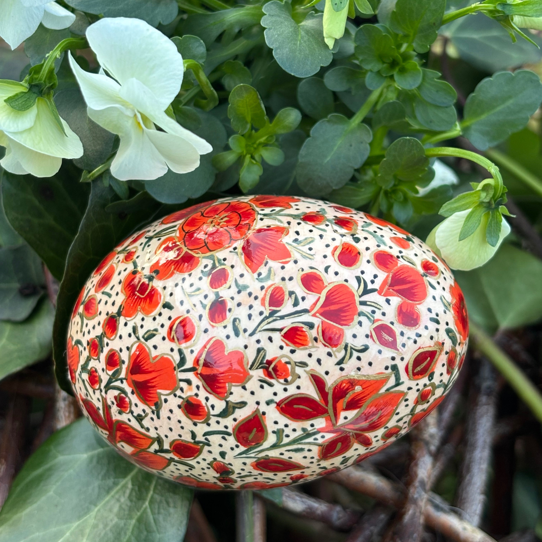 Œuf de Pâques en Papier Mâché – Fleurs Orange Peintes à la Main