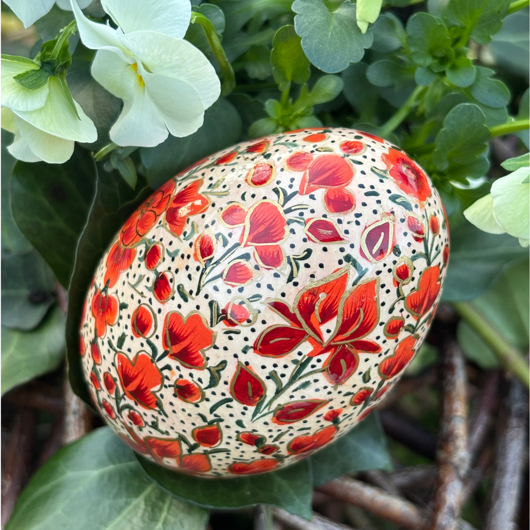 Œuf de Pâques en Papier Mâché – Fleurs Orange Peintes à la Main