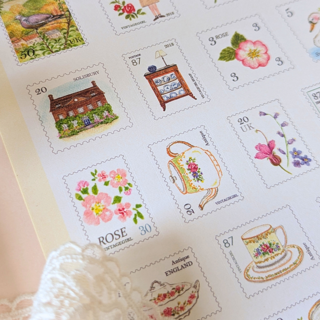 2 Planches de Stickers Timbres Vintage Girl