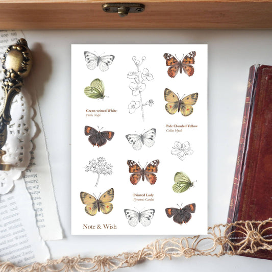 Feuille d'autocollants en papier washi Papillon et Fleurs Note & Wish