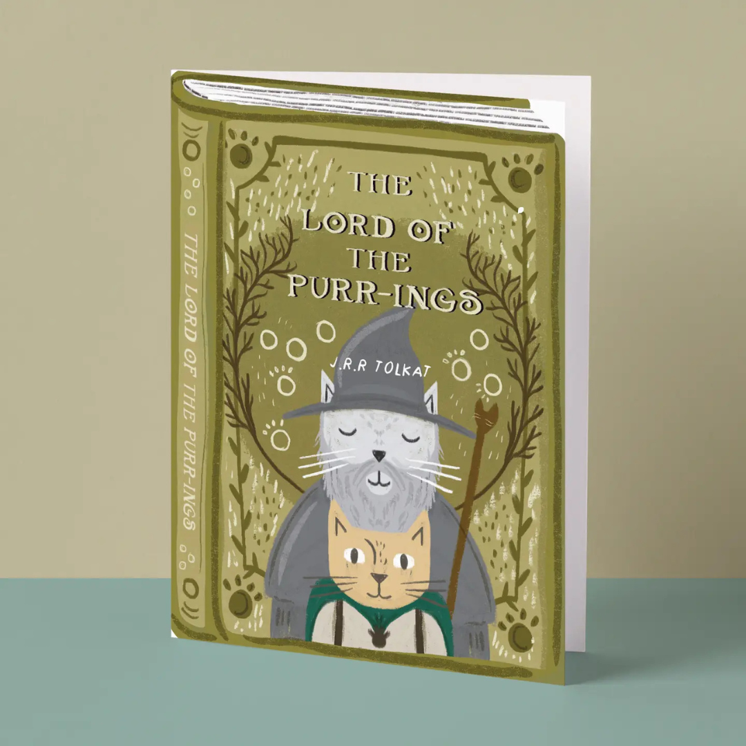 Carte The Lord of the Purr-ings illustrée comme une couverture de livre avec deux chats inspirés du Seigneur des Anneaux.