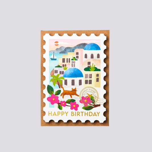 Avec cette carte d’anniversaire laissez-vous emporter vers la beauté enchanteresse de Santorin, une destination emblématique et pittoresque.