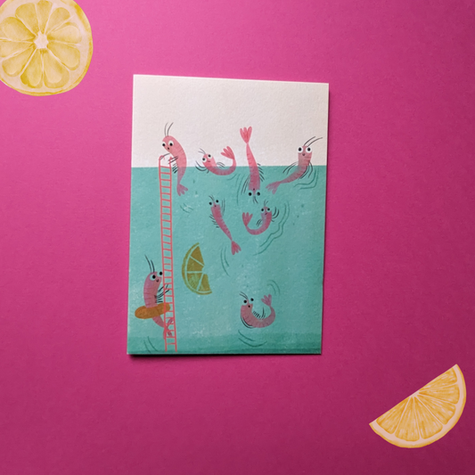 Des crevettes s'empressent de monter l'échelle pour sauter dans ce bain citronné. Carte amusante réalisée par Niaski.