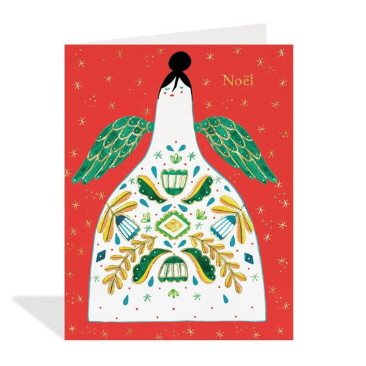Carte de Noël Halfpenny Postage. On peut voir un ange avec de la dorure sur ses ailes et sur les éléments qui ornent sa robe. L’inscription " Noël " est en dorure rendant l'ensemble très scintillant.