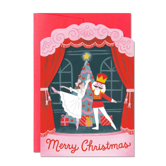 Carte de Noël de Ricicle Cards représentant le ballet de casse noisette. Sur le devant de la carte on peut lire " Merry Christmas ".