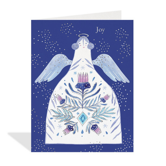 L'ange, symbole de paix et de bienveillance, apporte une touche d'élégance et de douceur à votre message. Les teintes bleues et argentées évoquent la quiétude de l'hiver, créant une atmosphère sereine.