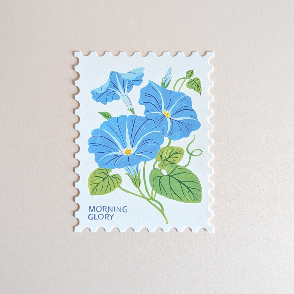 La carte met en avant une illustration détaillée de la fleur "Gloire du Matin" dans des tons de bleu captivants.