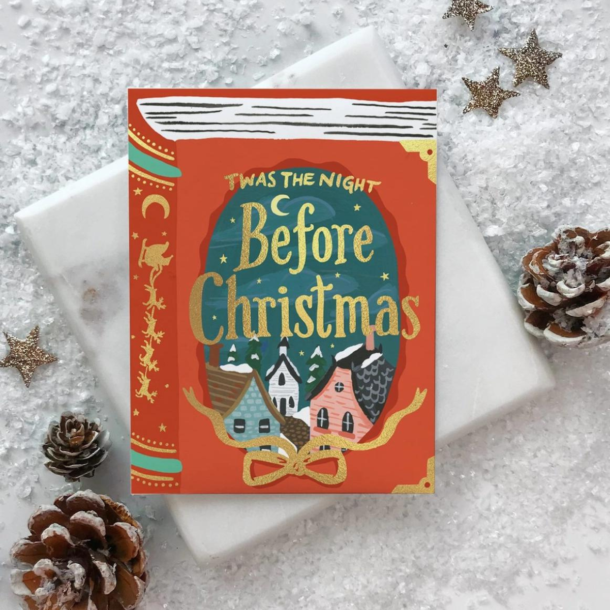 Cette carte inspirée d'un livre de conte transporte votre destinataire dans un monde de rêve où l'imagination et la magie abondent.  Carte de Noël.