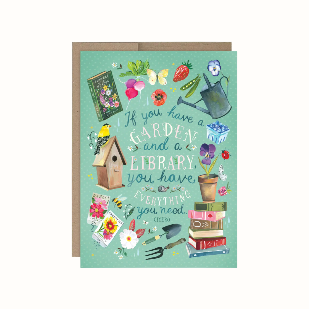 Carte d’anniversaire Jardin & Bibliothèque illustrée par Katie Daisy