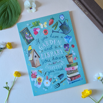 Carte illustrée jardin, fleurs et livres