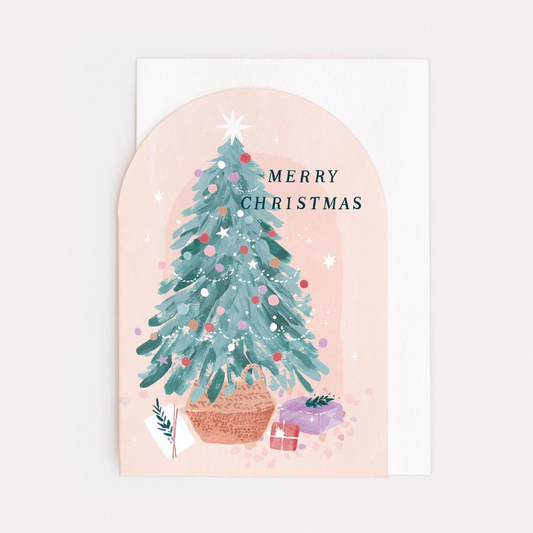 Une carte de Noël avec un sapin décoré de guirlande et de boules de Noël.