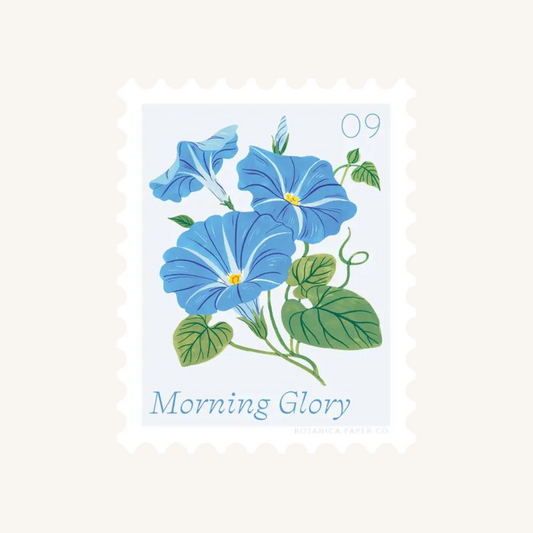 Autocollant en forme de timbre avec une illustration de la fleur gloire du matin.