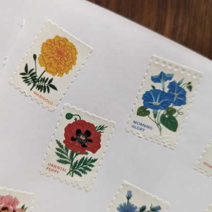 Ce masking tape de timbres prédécoupés de Botanica Paper présente 7 motifs différents de fleurs qui se répètent tout au long de la bobine.