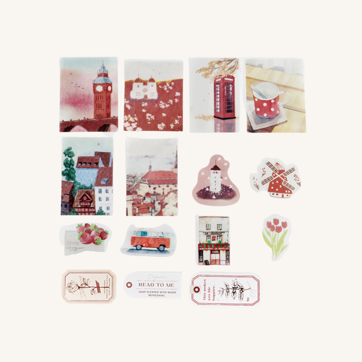 Cette pochette comprend 45 stickers transparents aux tons rouges, créant une palette d'images vibrantes qui transforment n'importe quelle surface en une toile artistique.