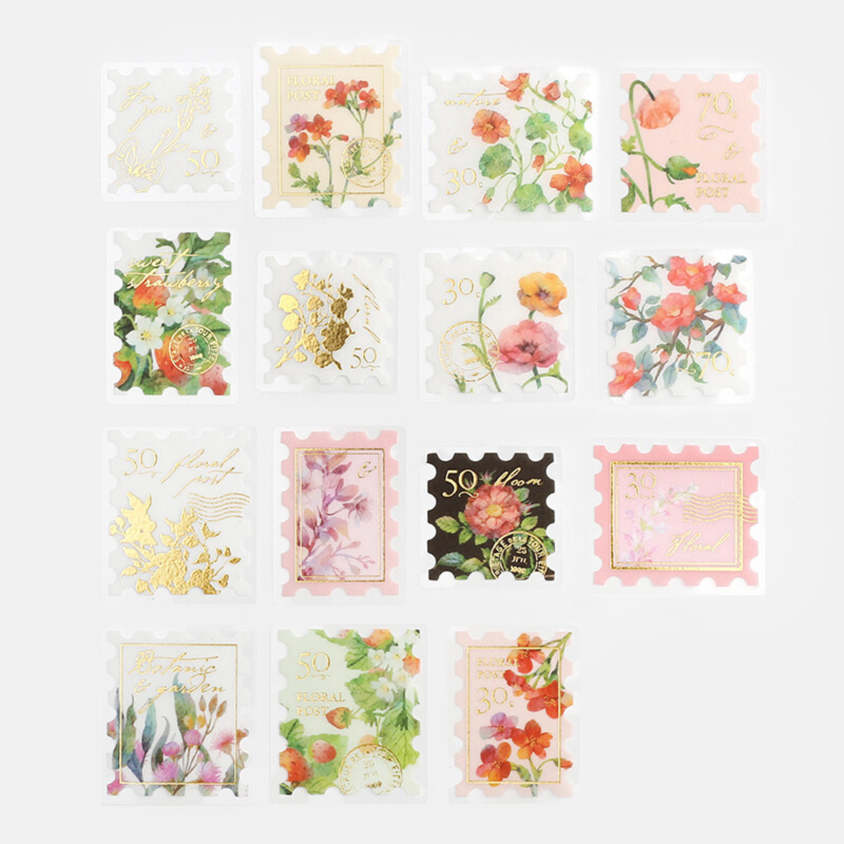 Pochette de 45 stickers en forme de timbre poste avec des fleurs.