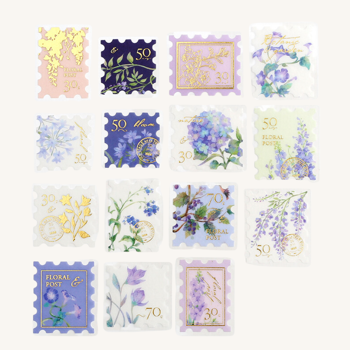 Pochette de 45 stickers en forme de timbres avec des motifs de fleurs dans les tons violet.