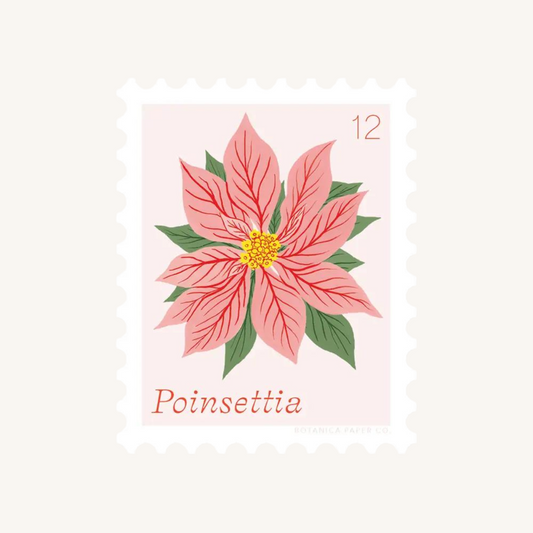 Ce sticker façon timbre poste est orné d'une magnifique Poinsettia, la fleur emblématique de la saison des fêtes. Elle évoque la beauté et l'élégance de Noël.