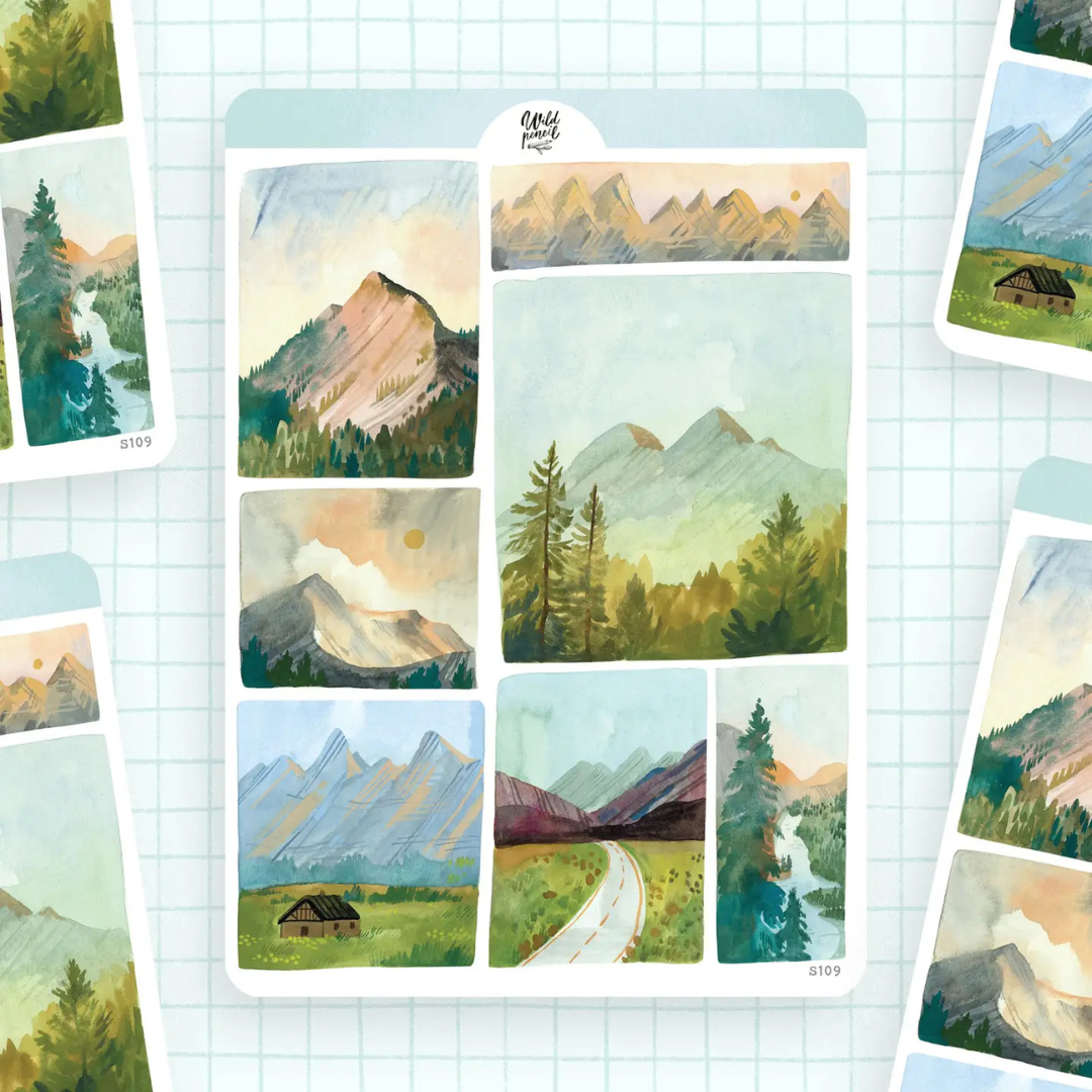 Stickers paysages de montagne, sapins et vallées pour journaling