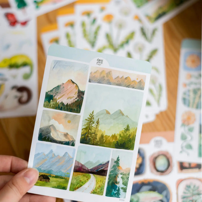 Détail des stickers illustrés de montagnes et paysages naturels
