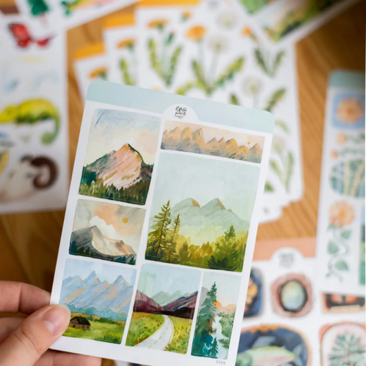 Détail des stickers illustrés de montagnes et paysages naturels