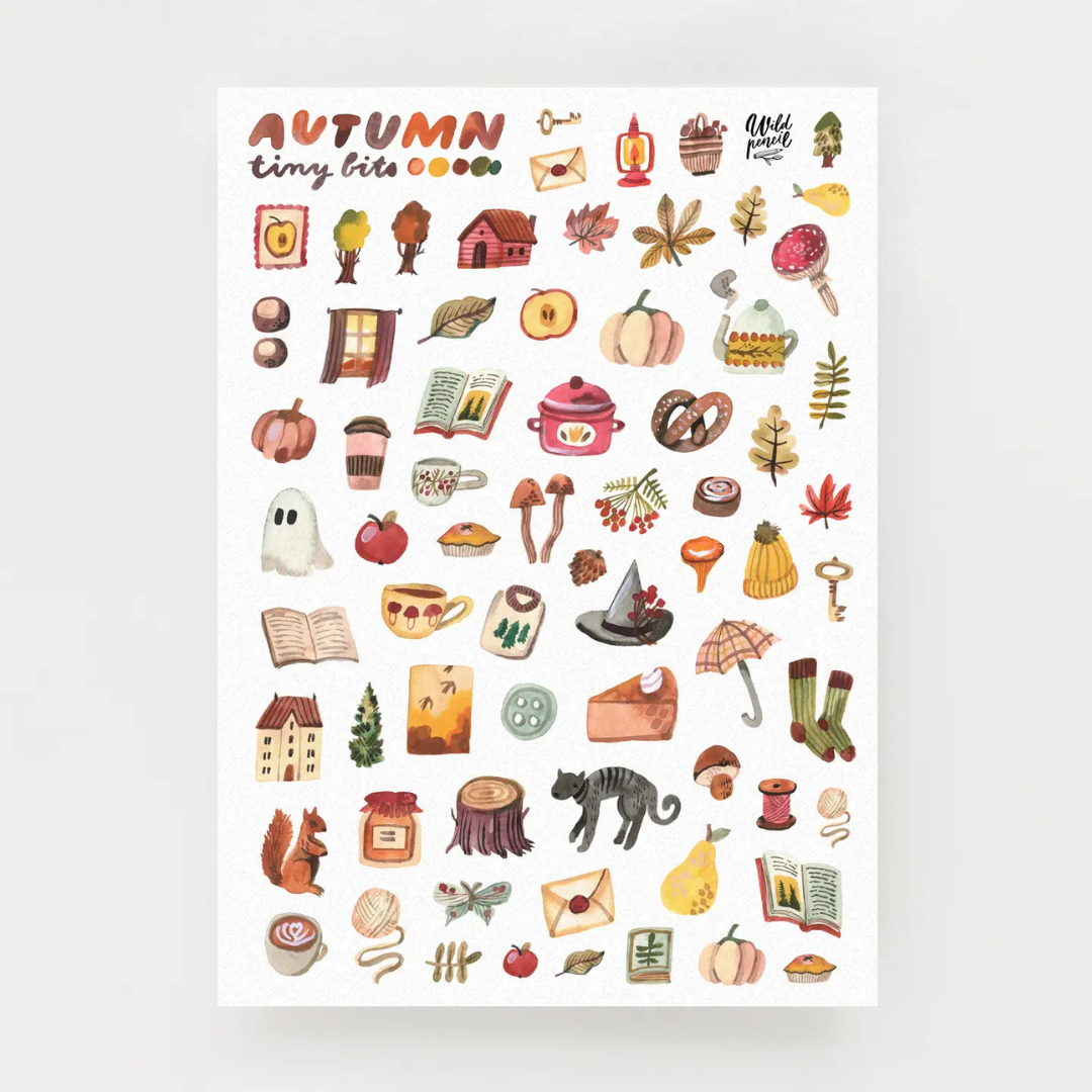 Planche de stickers Autumn The Wild Pencil avec petites illustrations sur le thème de l’automne