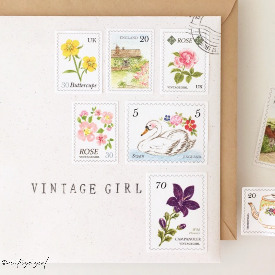 2 Planches de Stickers Timbres Vintage Girl